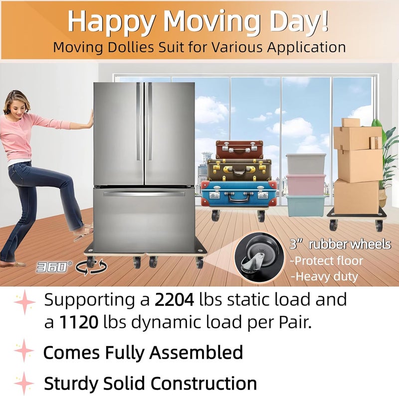 HBFBDRCT Hardwood Furniture Moving Wooden Dolly with 4 Rubber Silent Wheels,15 Inch Securely Holds 2204 Lbs Heavy Duty Rolling Mover for Piano Couch Fridge Washing Machine Big Plant, 2 Packs - Image 2